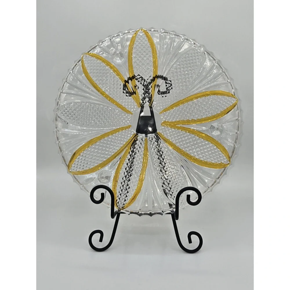 Bohemian Crystal Diamond Cut Footed Cake Plate Orange & Clear‎ Vintage
